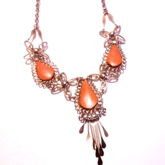 Vintage Ethnic Peruvian Silver and Jasper Statement Necklace - Picture 4 of 5